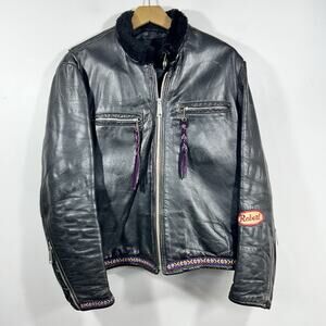 Vtg Black Leather Cafe Racer Moto Motorcycle Jacket Talon Zip DISTRESSED Mens 38